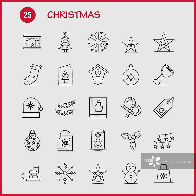 圣诞节手绘图标，适用于网页、印刷和移动UI/UX套件，包含马车、圣诞老人、糖果等矢量元素图片素材