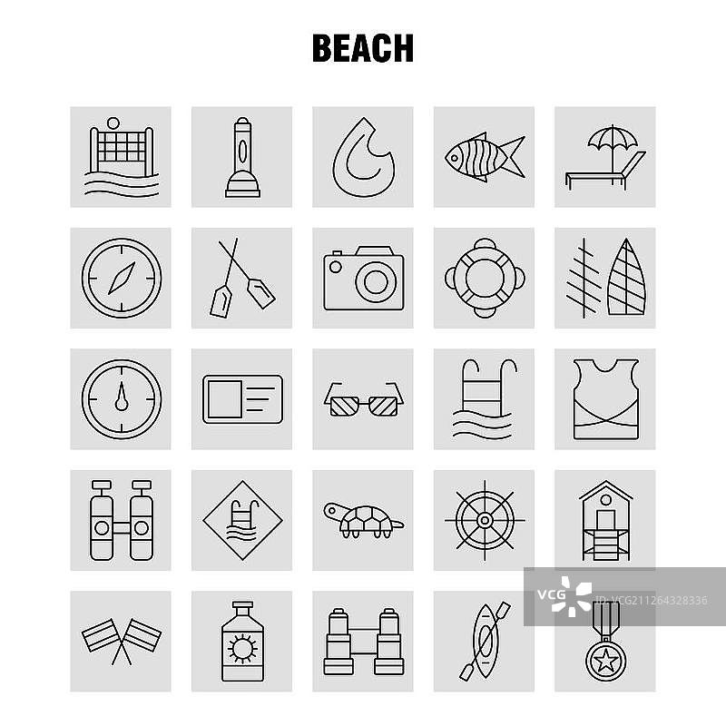 海滩系列图标（Web、Print和Mobile UX/UI套件）：蛋白质，瓶子，饮料，运动，海滩，网，体育，排球，象形图包 - 矢量图片素材