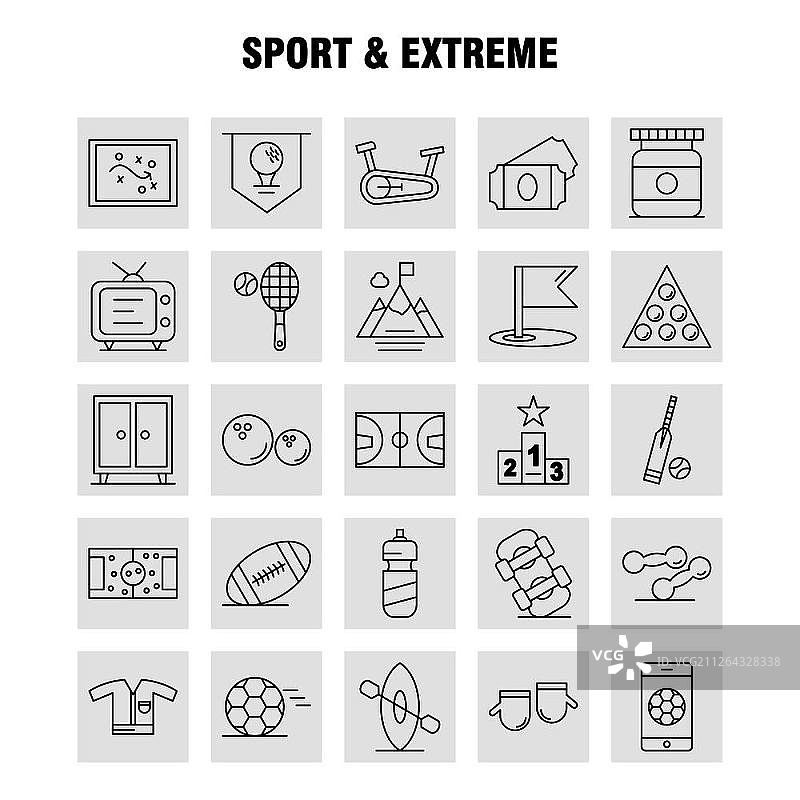 体育与极限运动线性图标集，适用于信息图表、移动UX/UI套件和印刷设计。包括：足球、球、游戏、体育、移动、玩耍、游戏、在线、图标集 - 矢量图片素材