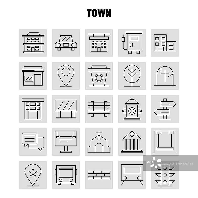 城镇线条图标，适用于信息图表、移动UI/UX套件和印刷设计：包括位置、地图、教堂、房屋、公园、游乐场等矢量图标图片素材