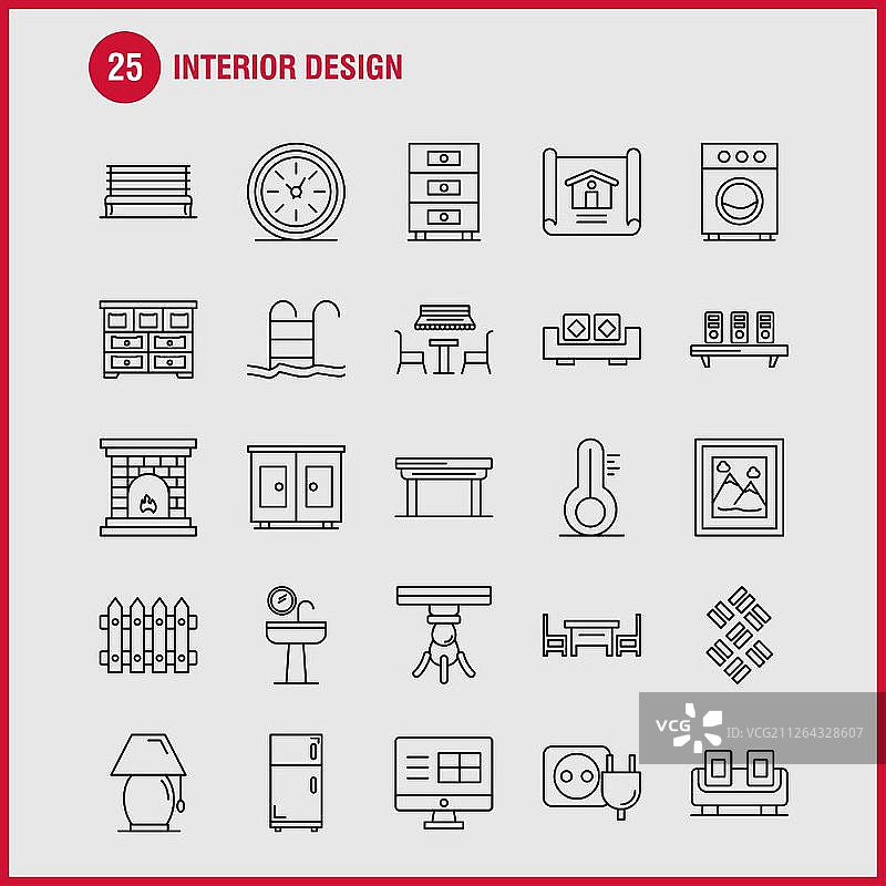 室内设计线性图标集，适用于信息图表、移动UI/UX套件和印刷设计。包括：医疗、文件、文档、表格、坐浴盆、家具、水、镜子，EPS 10 - 矢量图片素材