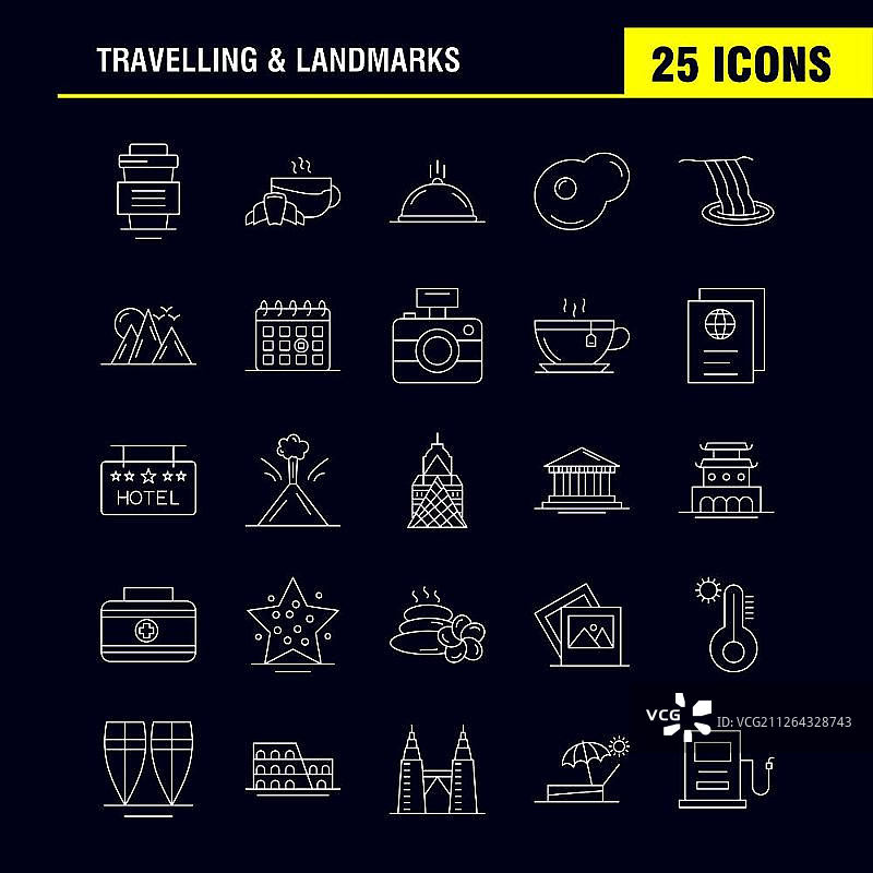 旅行与地标线性图标，适用于网页、印刷和移动UX/UI套件，包含饮品、酒店、玻璃杯、健康、茶、蛋糕、咖啡、热饮等 - 矢量图图片素材