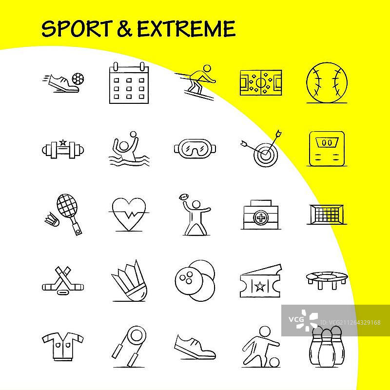 手绘运动极限图标合集，适用于信息图表、移动UX/UI套件和印刷设计：包括足球、球、网等矢量图标图片素材