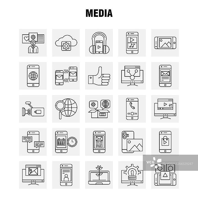 适用于Web、打印和移动UX/UI套件的媒体线性图标。如图标包：移动、单元格、世界、互联网、手机、邮件 - 矢量图片素材