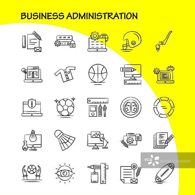 用于信息图表、移动UX/UI套件和印刷设计的商务管理手绘图标集，包括：信件、音乐、声音、音量、证书、学位、认证、教育、现代信息图标志和象形图的集合-矢量图片素材