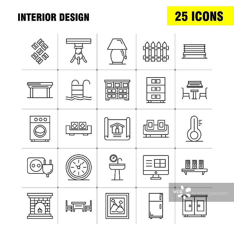 室内设计线性图标集，适用于信息图表、移动UI/UX套件和印刷设计。包括：医疗、文件、文档、表格、坐浴盆、家具、水、镜子，EPS 10 - 矢量图片素材