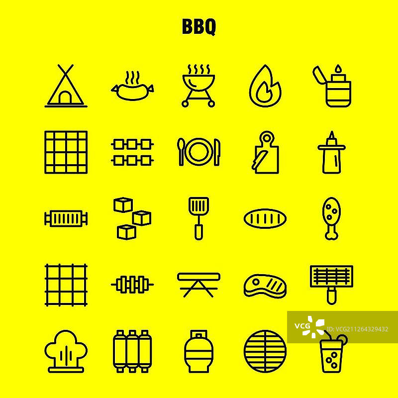 烧烤线性图标包：包含烧烤、食物、香肠、饮料、柠檬等矢量图标图片素材