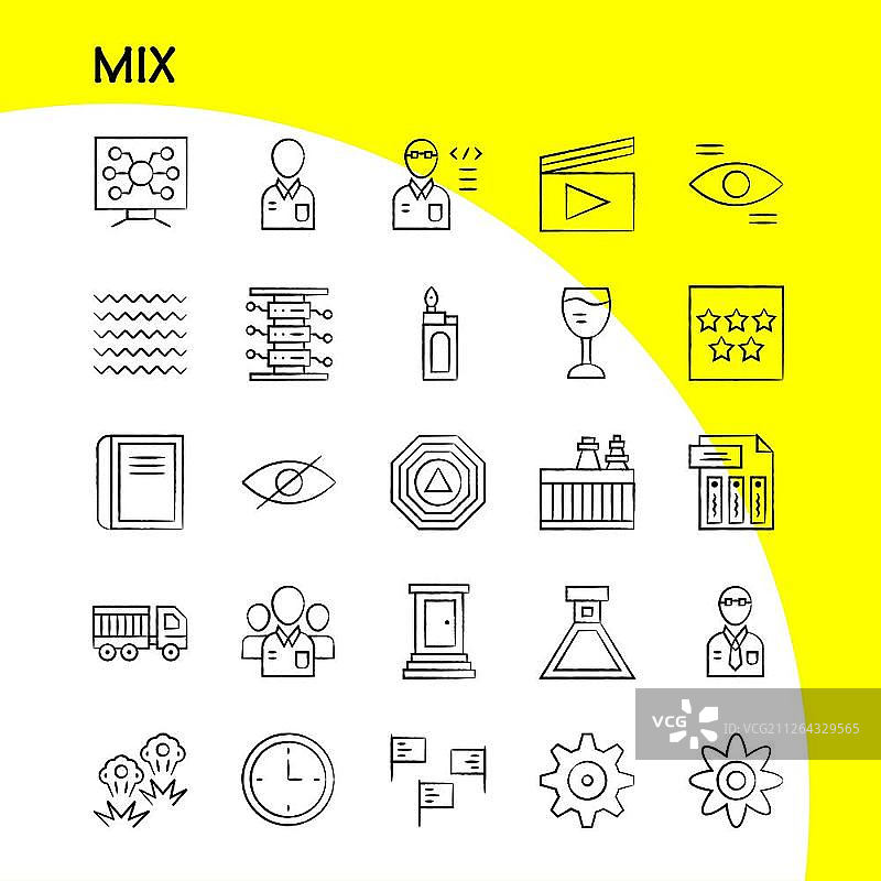 信息图表手绘混合图标集，移动UX/UI套件和印刷设计：齿轮、烧瓶、实验室、测试管图标集（矢量图）图片素材