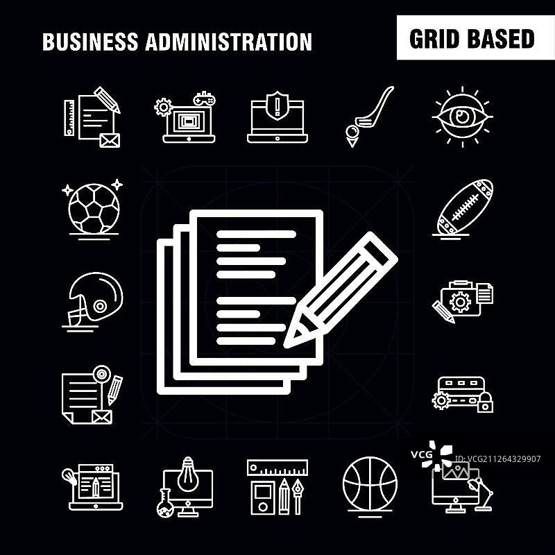 用于信息图表、移动UI/UX套件和印刷设计的工商管理线性图标集。包括：铅笔、智能手机、天平、矢量、头盔、保护、体育、游戏、现代信息图表标志和象形图。- 矢量图片素材