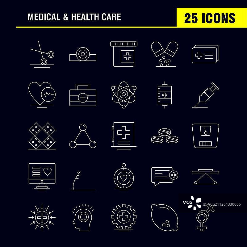 用于Web、印刷和移动UI/UX套件的医疗保健线性图标：医疗工具、剪刀、投影仪、健康象形图包矢量图片素材