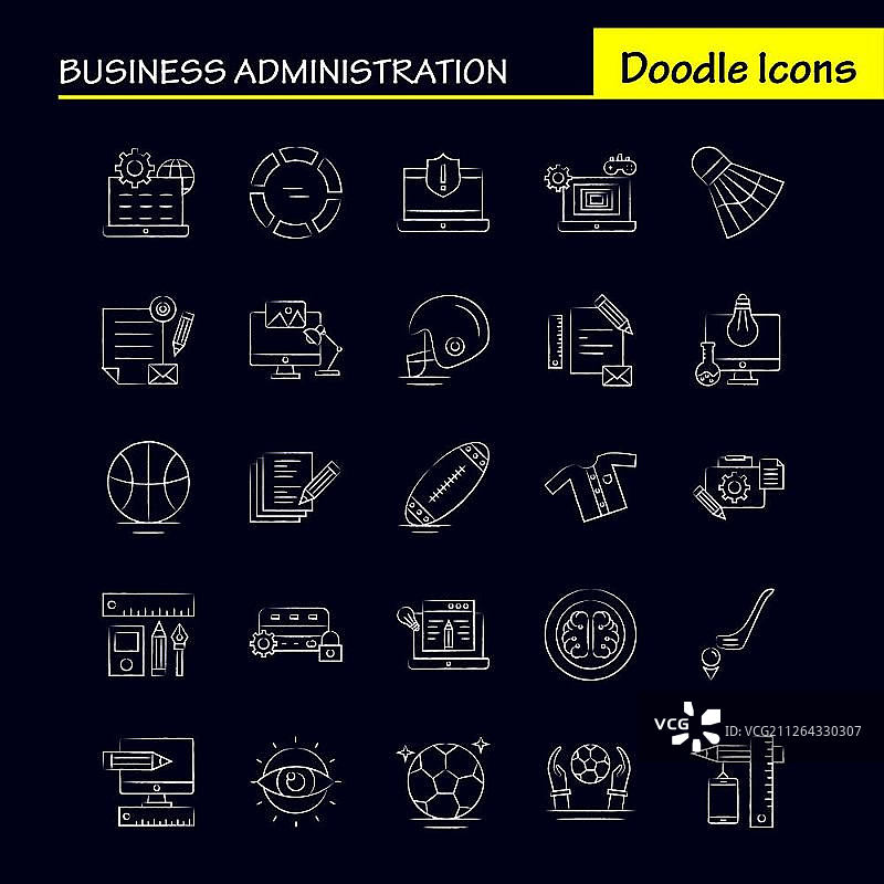 用于信息图表、移动UX/UI套件和印刷设计的商务管理手绘图标集，包括：信件、音乐、声音、音量、证书、学位、认证、教育、现代信息图标志和象形图的集合-矢量图片素材