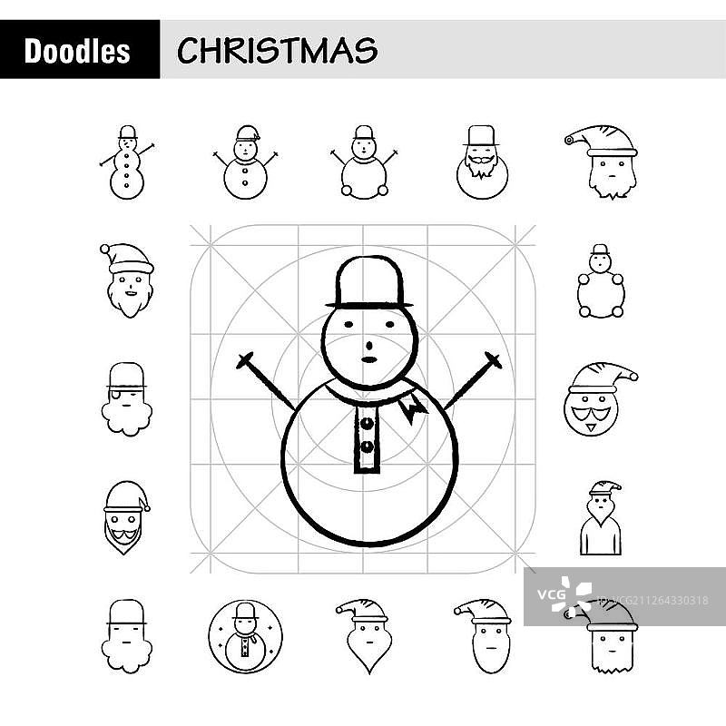 圣诞节手绘图标合集，适用于信息图表、移动端用户界面套件和印刷设计。包括：饮品、食物、餐点、刀具、雪人、圣诞节、冬季、节日、现代信息图表标志和象形图矢量素材图片素材