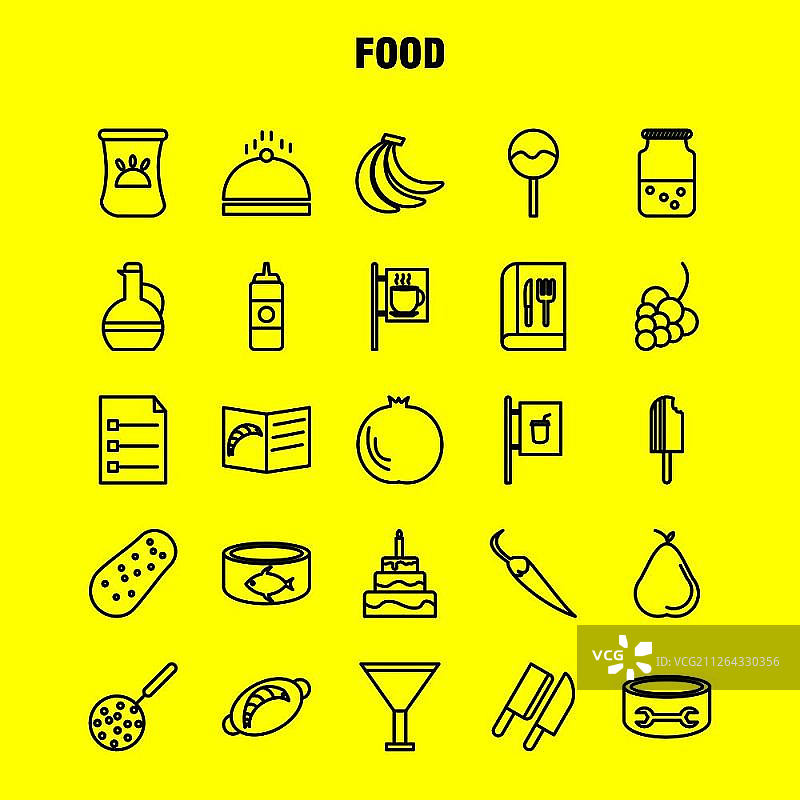 用于信息图表、移动用户体验/用户界面套件和印刷设计的食物线性图标集：饼干、糖果、食物、餐食、香肠、肉类，现代信息图表标志和象形图矢量图片素材