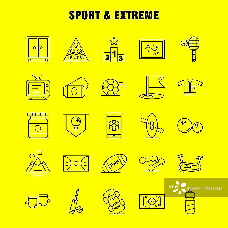 体育与极限运动线性图标集，适用于信息图表、移动UX/UI套件和印刷设计。包括：足球、球、游戏、体育、移动、玩耍、游戏、在线、图标集 - 矢量图片素材