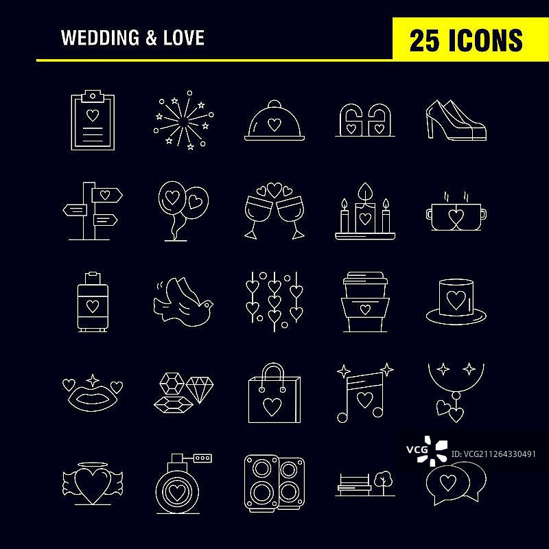 用于信息图表、移动UI/UX套件和印刷设计的婚礼和爱情线性图标集。包括：剪贴板、心、爱、文本、烟花、火、婚礼、图标集 - 矢量图片素材