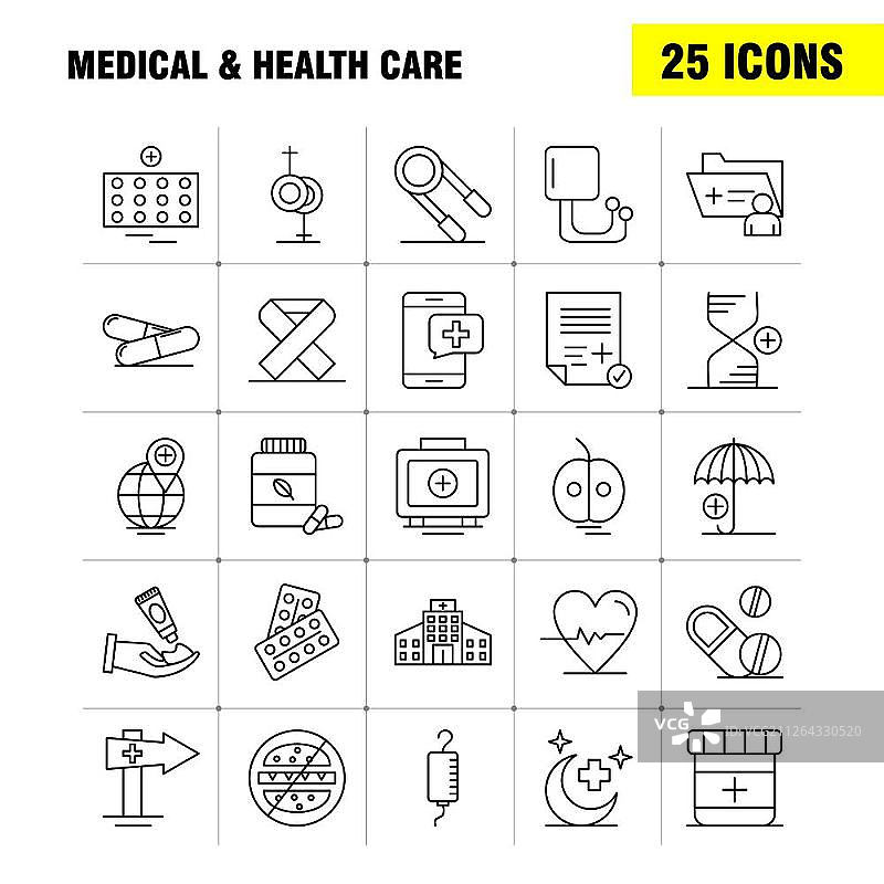 适用于Web、Print和Mobile UX/UI Kit的医疗保健线性图标，例如：医疗、药物、药丸、健康、手、乳霜、医疗、报告、象形图包-矢量图片素材