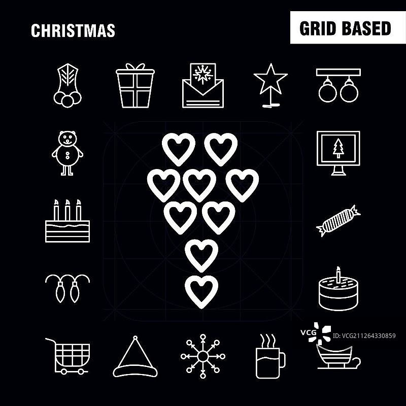 用于信息图表、移动UI/UX套件和印刷设计的圣诞节线条图标集。包括：食物、餐、刀、盘子、圣诞球、球、装饰品、现代信息图表标志和象形图的集合 - 矢量图片素材