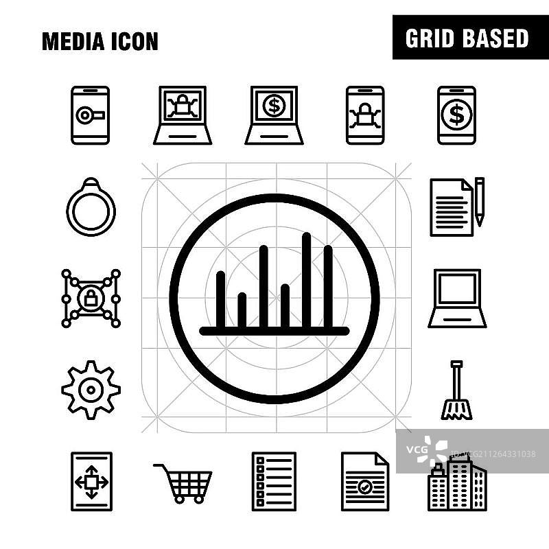 媒体图标线性图标集，适用于信息图表、移动UX/UI套件和印刷设计。包括：手机、媒体、播放器、工具、图像、媒体、栅格、图片、图标集 - 矢量图片素材