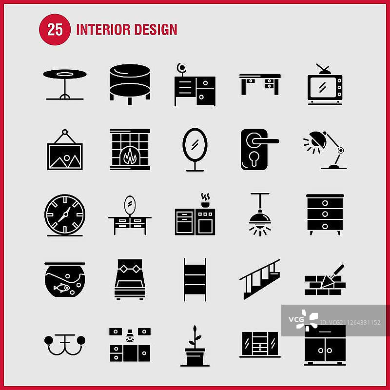 室内设计实体字形图标套装，适用于信息图表、移动UX/UI套件和印刷设计：包括卧室、橱柜、家具、房屋、衣柜、电视、房屋、图标集 - 矢量图片素材