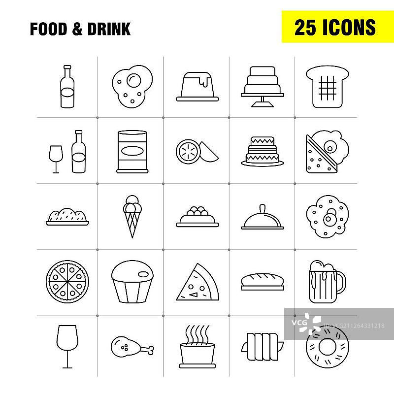 网页、印刷和移动设备用户体验/用户界面套件的食品和饮料线性图标。例如：猕猴桃、食物、吃、面包店、面包、食物、蛋糕、媒体、象形图包。- 矢量图片素材