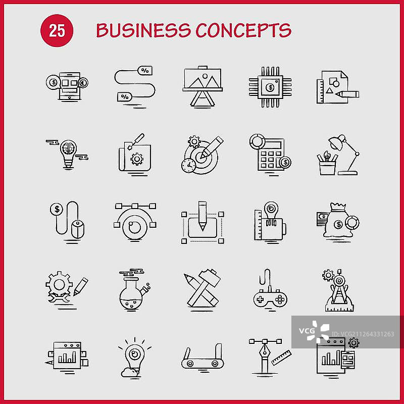 用于信息图表、移动UI/UX套件和印刷设计的商务概念手绘图标集。包括：地图指针、地球、世界、互联网、书籍、苹果、研究、现代信息图表标志和象形图的集合——矢量图片素材