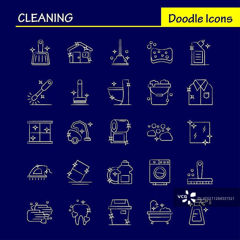 用于信息图表、移动UX/UI套件和印刷设计的手绘清洁图标集：刷子、清洁、擦洗、柱塞、卫生间、马桶、工具、图标集 - 矢量图片素材