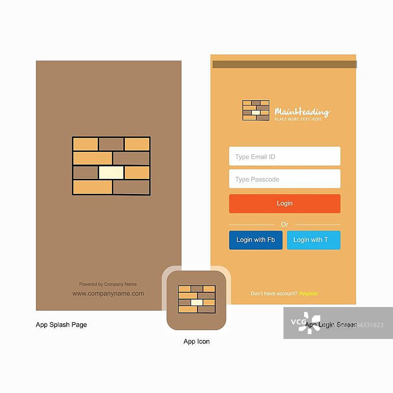 公司砖墙启动画面和带有Logo模板的登录页面设计。移动在线商务模板图片素材