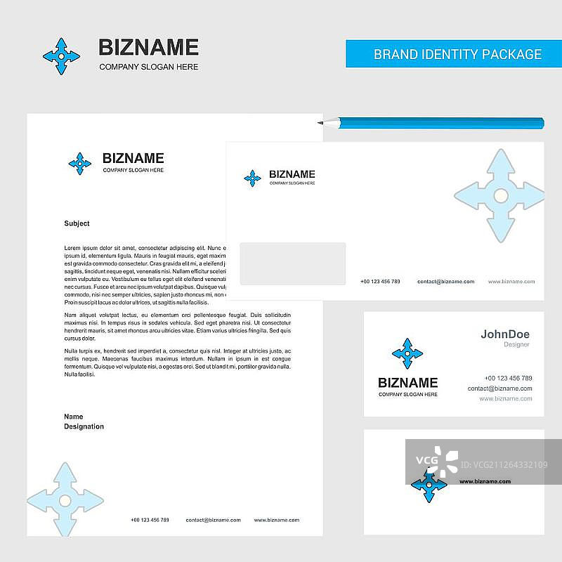 四向箭头商务信笺、信封和名片设计矢量模板图片素材