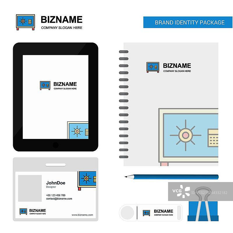 储物柜商业Logo、Tab应用、日记PVC员工卡和USB品牌文具套装设计矢量模板图片素材