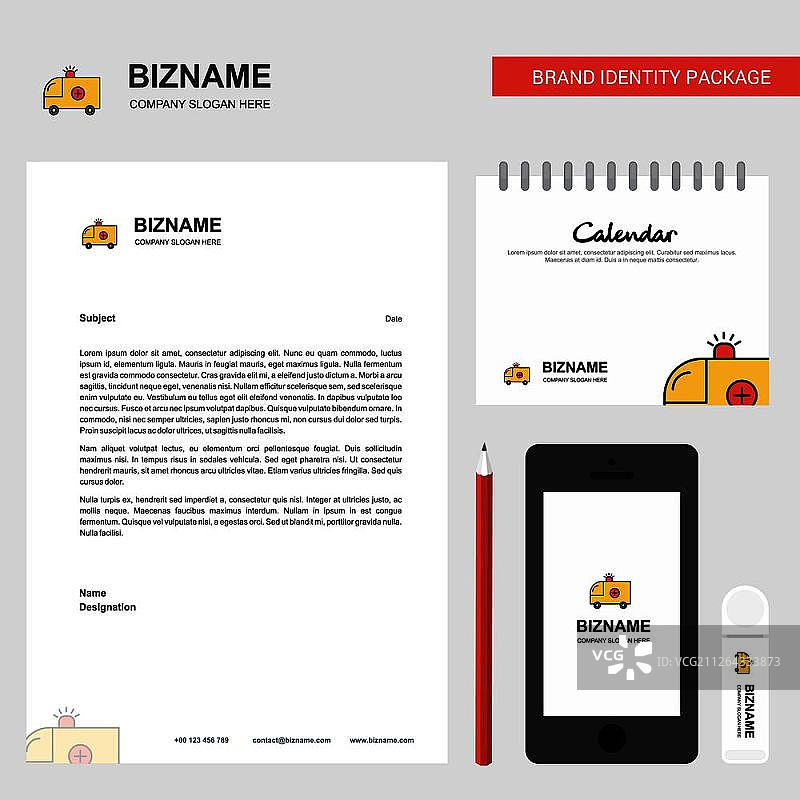 救护车商业信笺、2019年日历和手机App设计矢量模板图片素材