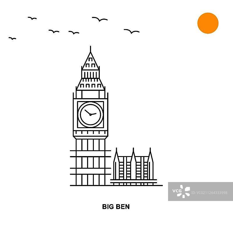 大本钟纪念碑，世界旅行自然线条风格插画背景图片素材
