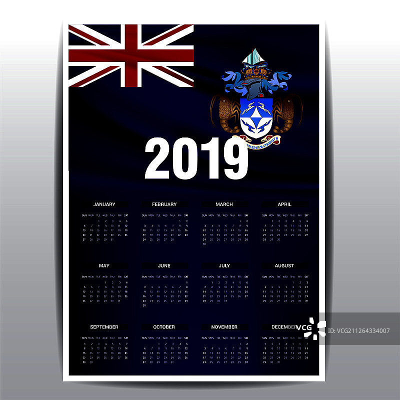 2019年日历 特里斯坦-达库尼亚群岛旗帜背景（英文版）图片素材