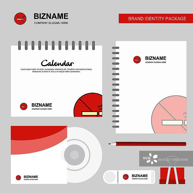 禁止吸烟标志、日历模板、CD封面、日记和USB品牌文具套装设计矢量模板图片素材