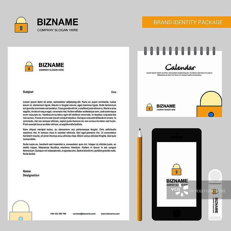锁定的商业信头、2019年日历和移动应用设计矢量模板图片素材