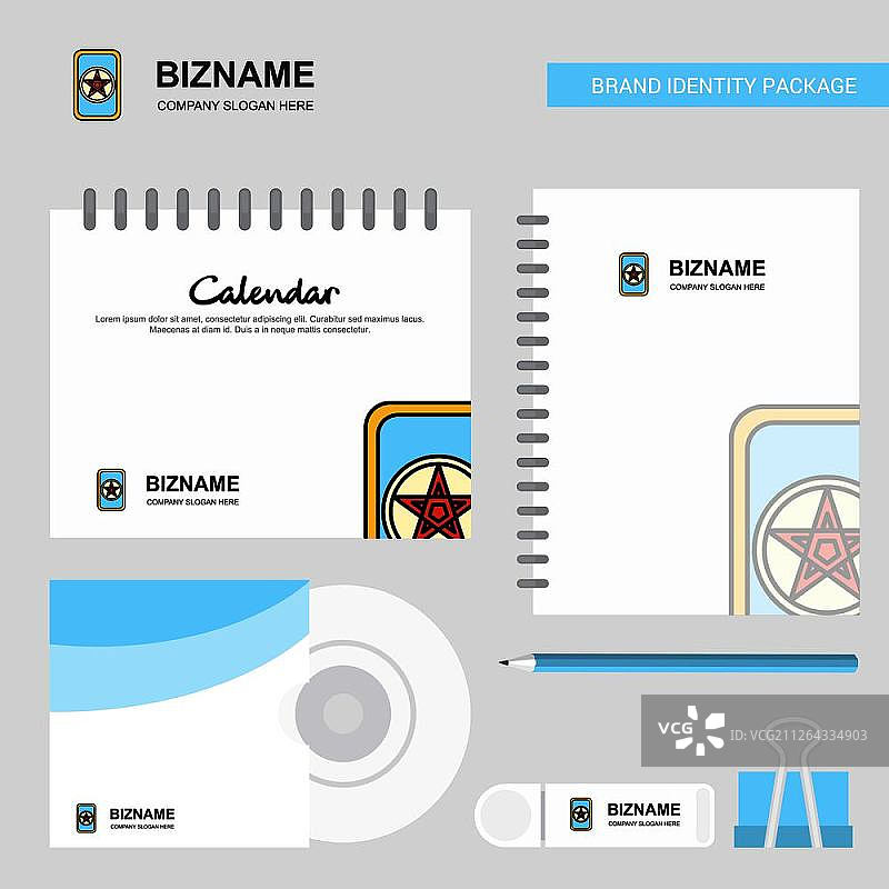 卡牌游戏Logo、日历模板、CD封面、日记本和USB品牌文具套装设计矢量模板图片素材