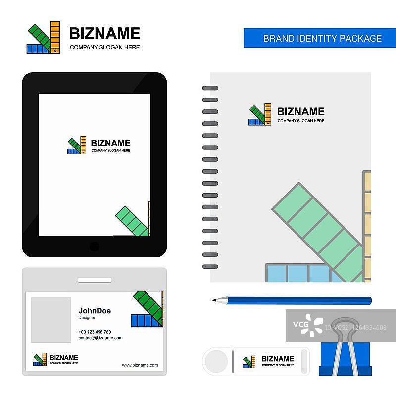企业Logo、Tab应用、日记本PVC员工卡和USB品牌文具套装设计矢量模板图片素材