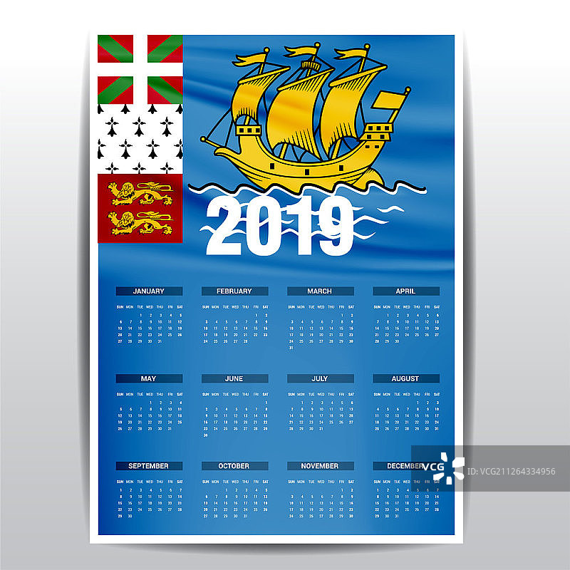2019年圣皮埃尔和密克隆群岛旗帜背景英文日历图片素材
