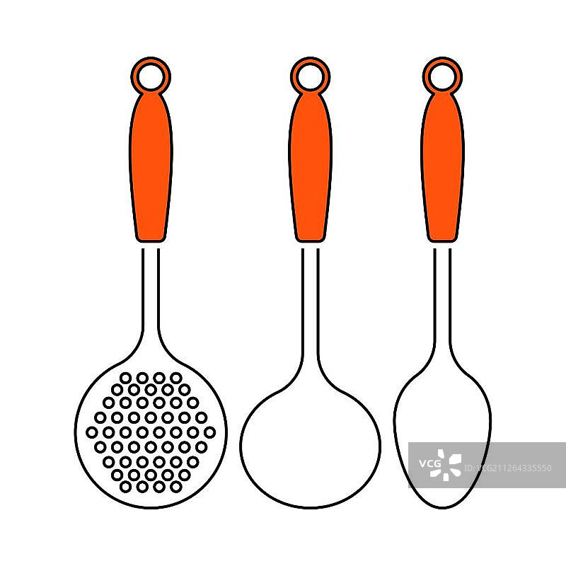 钢包套装图标。带有橙色填充设计的细线。矢量图。图片素材