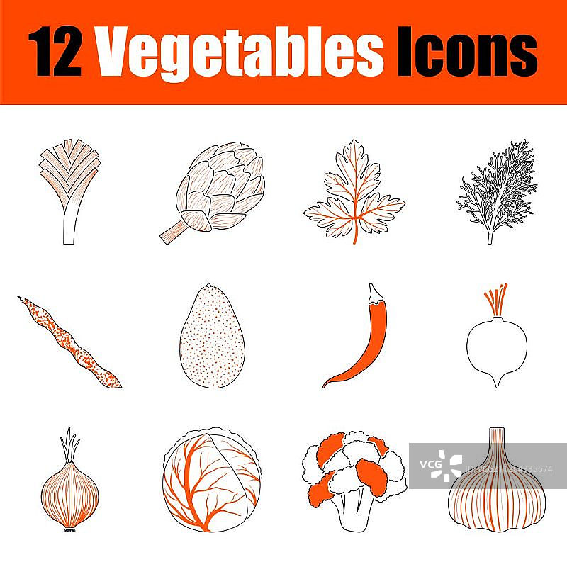 12个蔬菜主题图标，橙色细线设计矢量素材图片素材