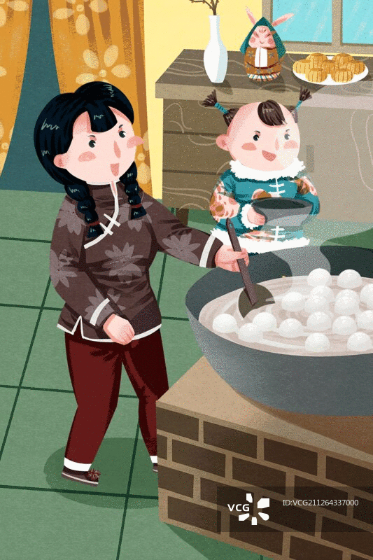 元宵节姐弟煮元宵插画图片素材