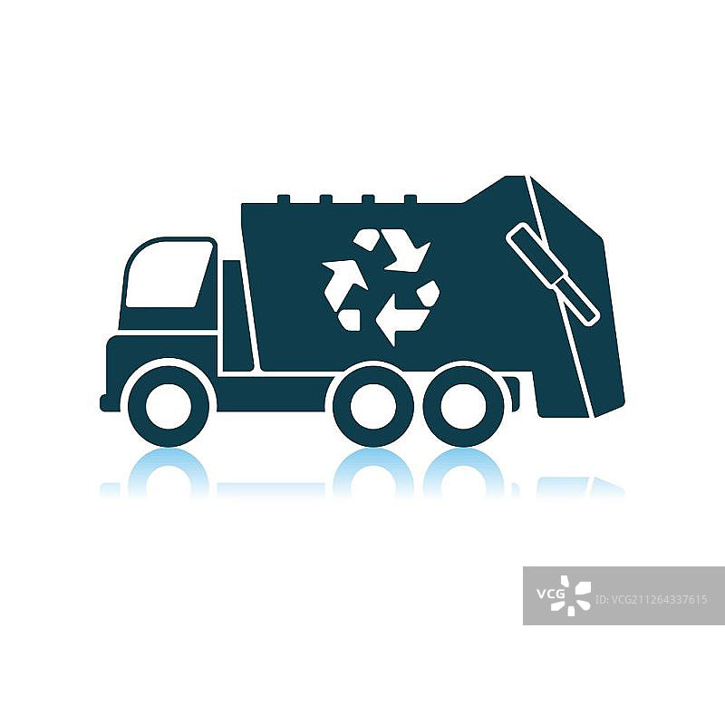 带有回收图标的垃圾车。阴影反射设计。矢量图。图片素材