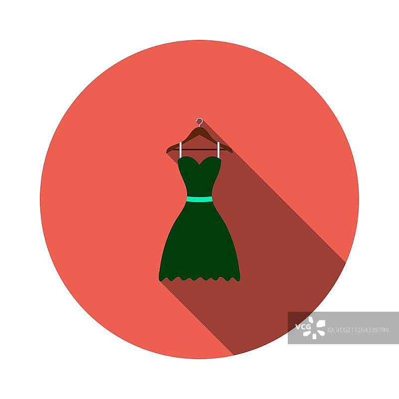 优雅的露肩连衣裙图标。带有长阴影的扁平圆形模版设计。矢量图。图片素材