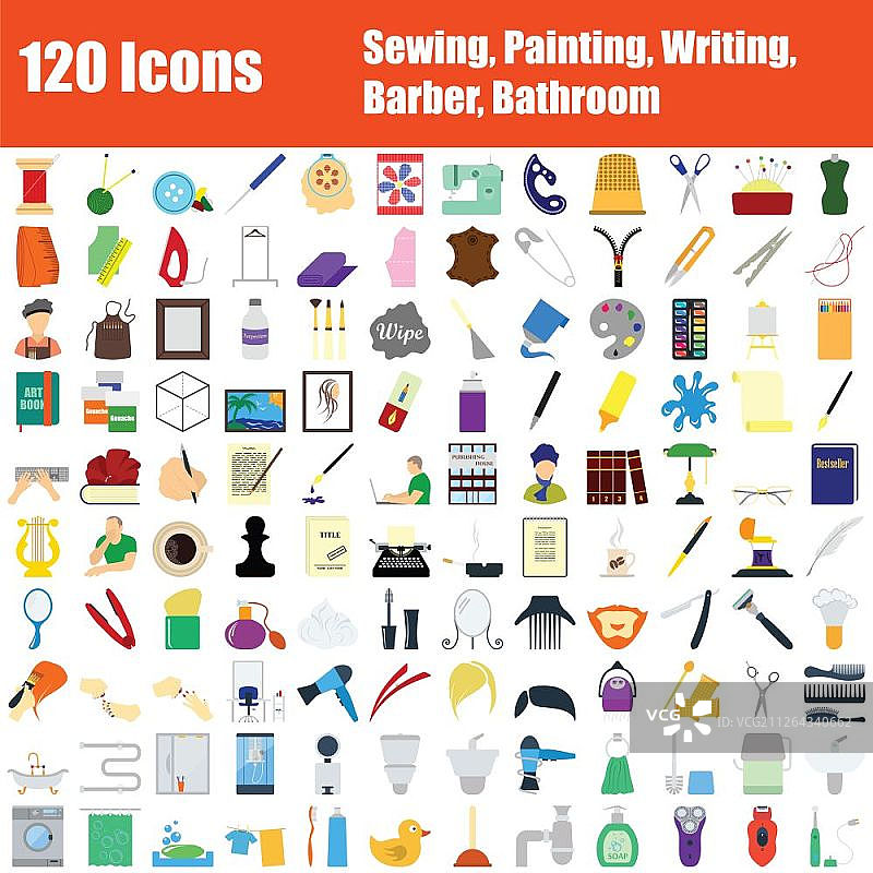 120个彩色扁平风格图标，主题：缝纫、绘画、写作、理发、浴室，矢量素材图片素材
