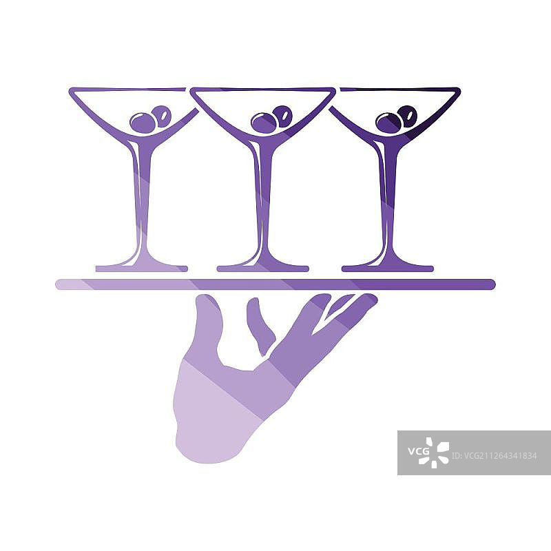 服务员手持马提尼酒杯托盘图标，扁平风格设计，矢量图图片素材