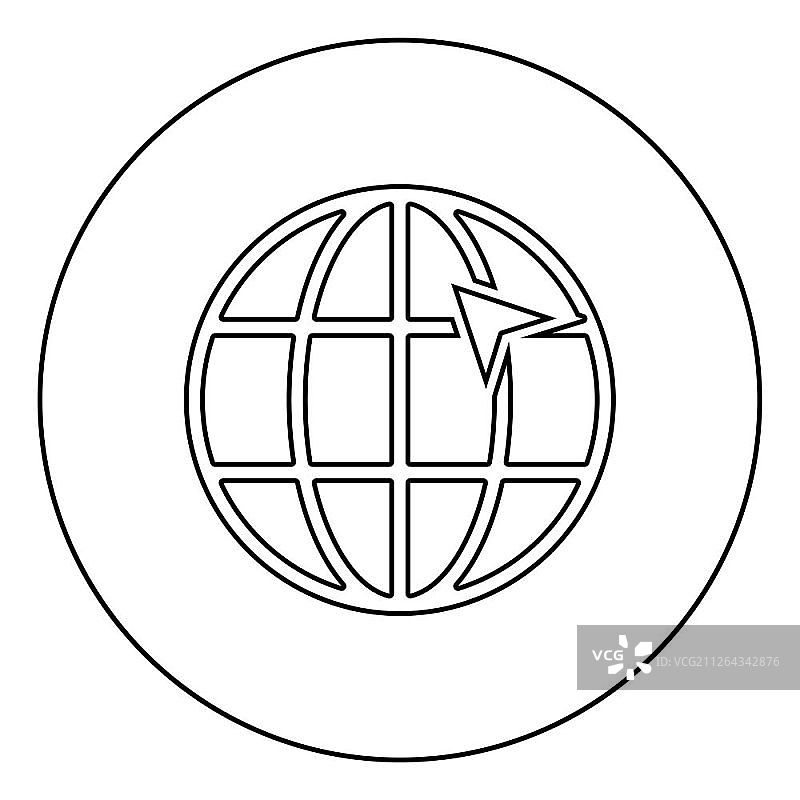 地球网格上的箭头，互联网概念，点击网站上的箭头图标，圆形轮廓黑色矢量图，扁平风格，简单图像图片素材