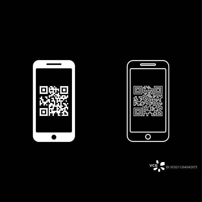 带二维码的智能手机屏幕图标轮廓，白色矢量图，扁平风格图片素材