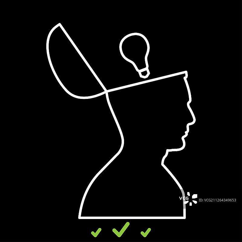 打开的头脑中闪现灯泡创意的男人白色图标扁平风格图片素材