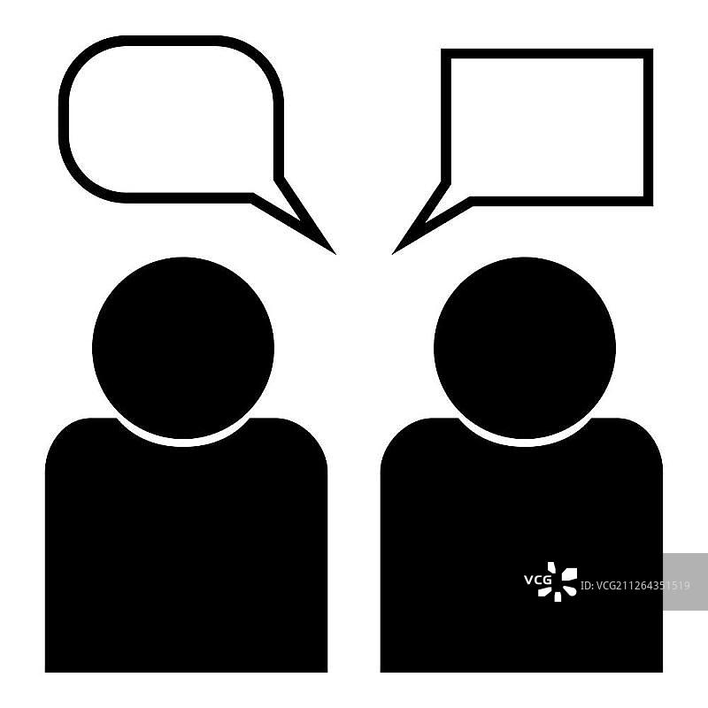 人类社交性，带评论图标的两个人头像，黑色矢量插图图片素材