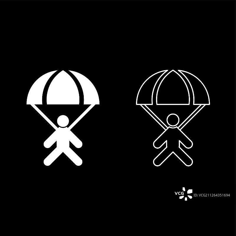 跳伞运动员图标，白色，扁平风格，简约轮廓图片素材