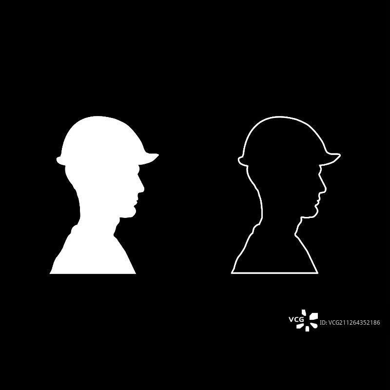 头像：头戴头盔的建筑工程师图标，白色轮廓扁平风格图片素材